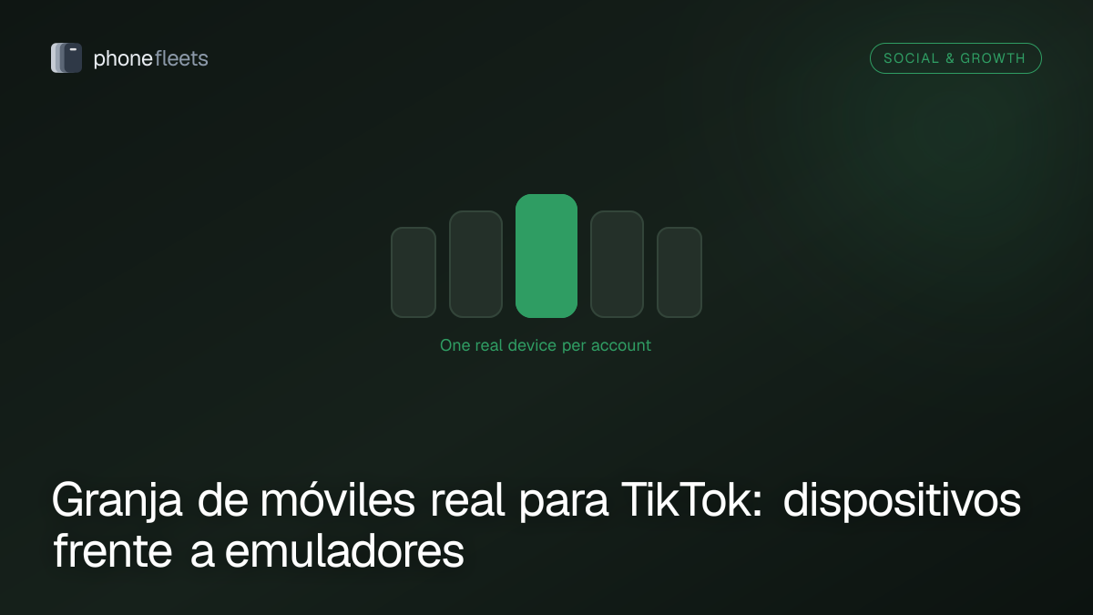 Granja de móviles real para TikTok: dispositivos frente a emuladores